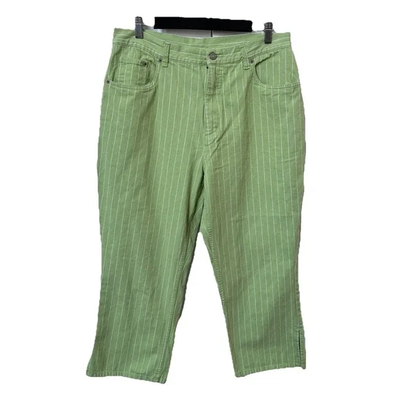Vintage Bill Blass Capri Jeans Womens 14 Green Stripe Cropped Y2K Resortwear - Picture 1 of 8